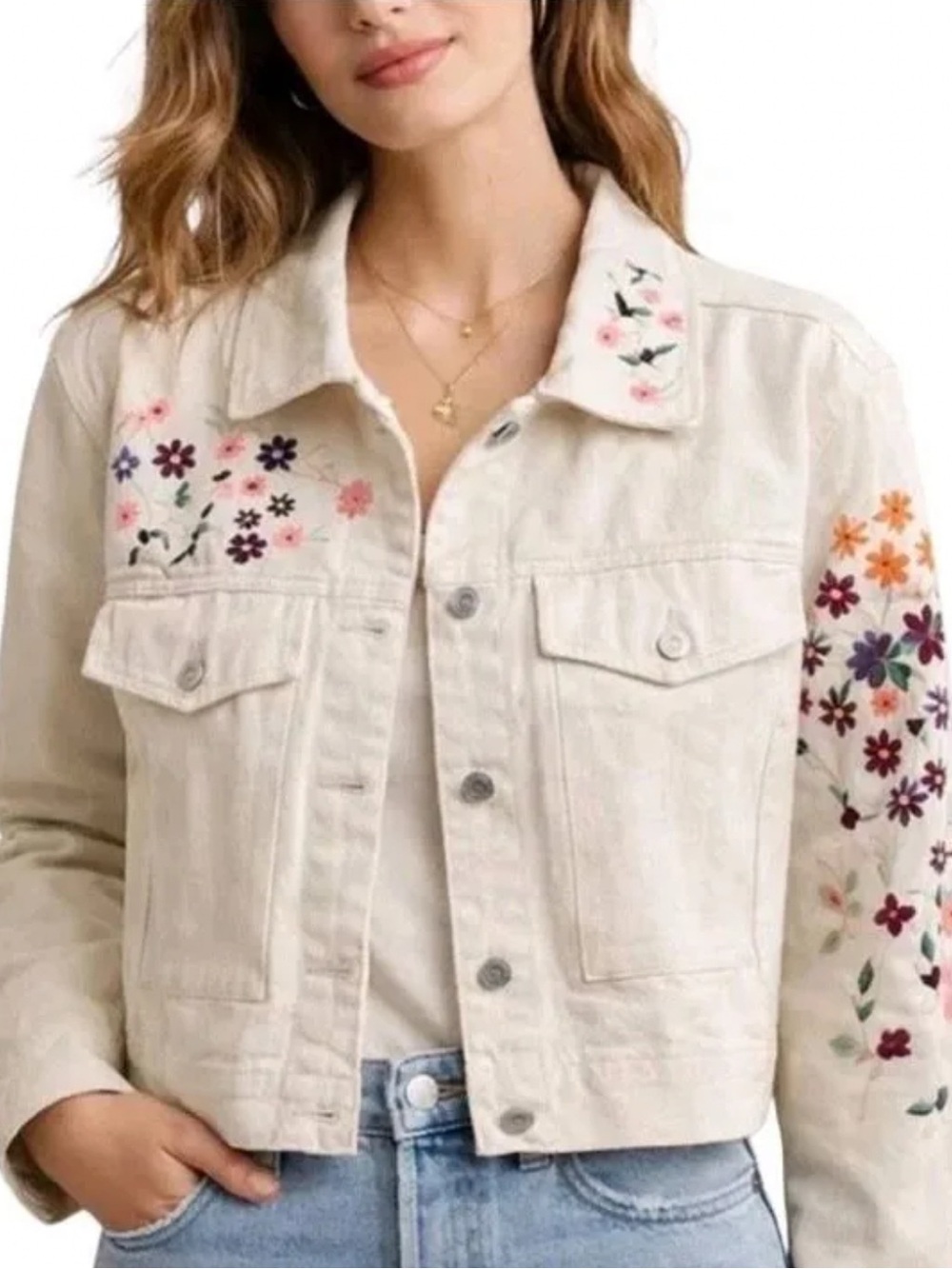 Anthropologie Dolan Floral Embroidered Cream Utility Jacket
